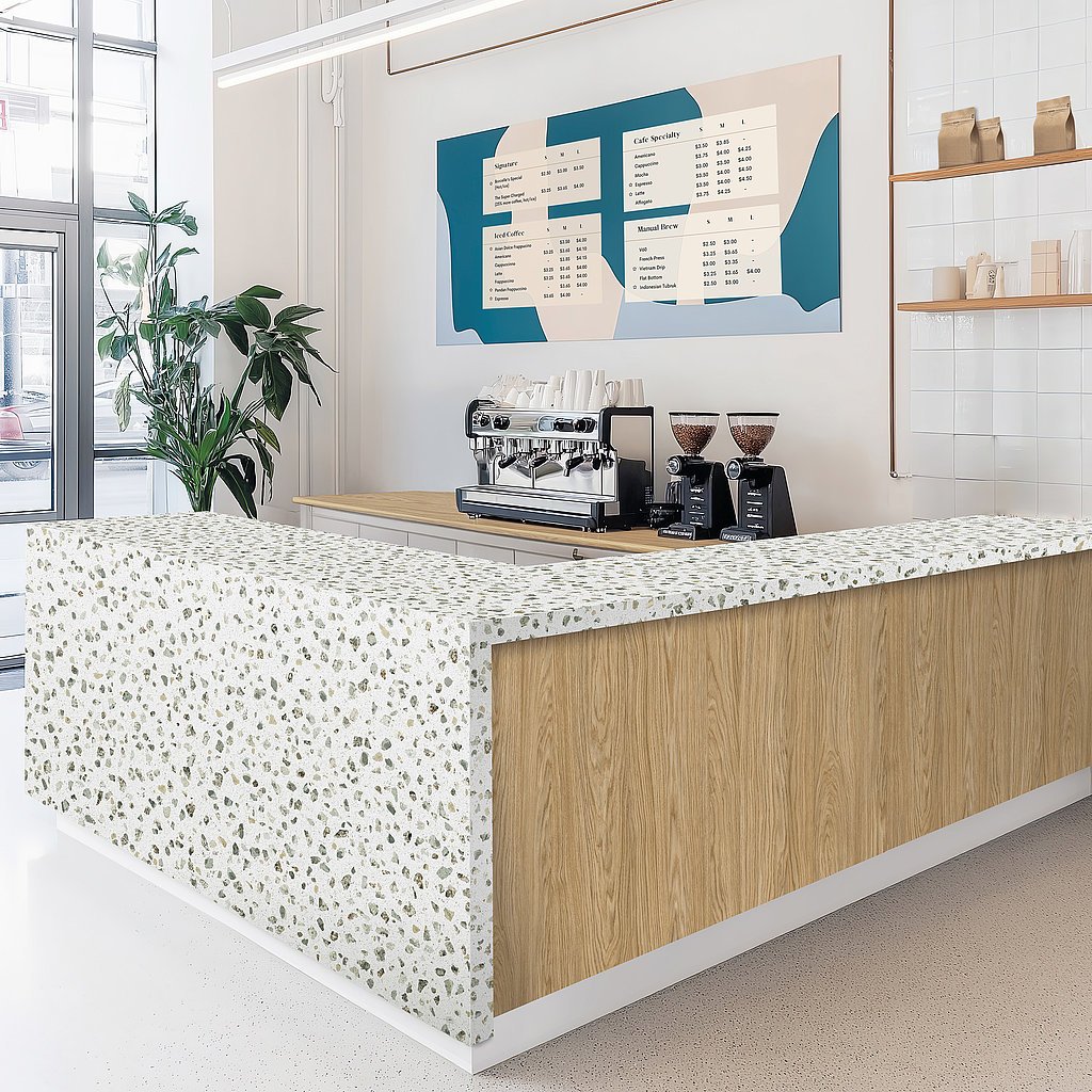 Arezzo & Sardes Oak Coffee Counter in Stone and Wood decor