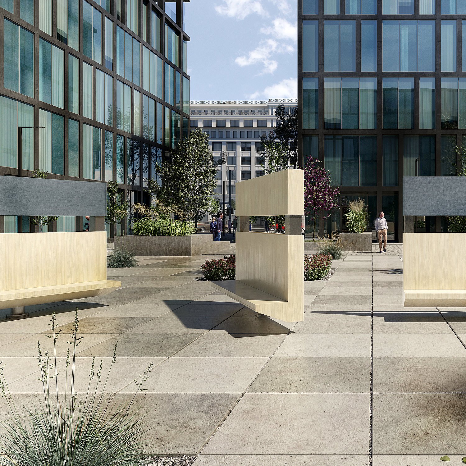 futuristic park benches with high backrests in front of office buildings