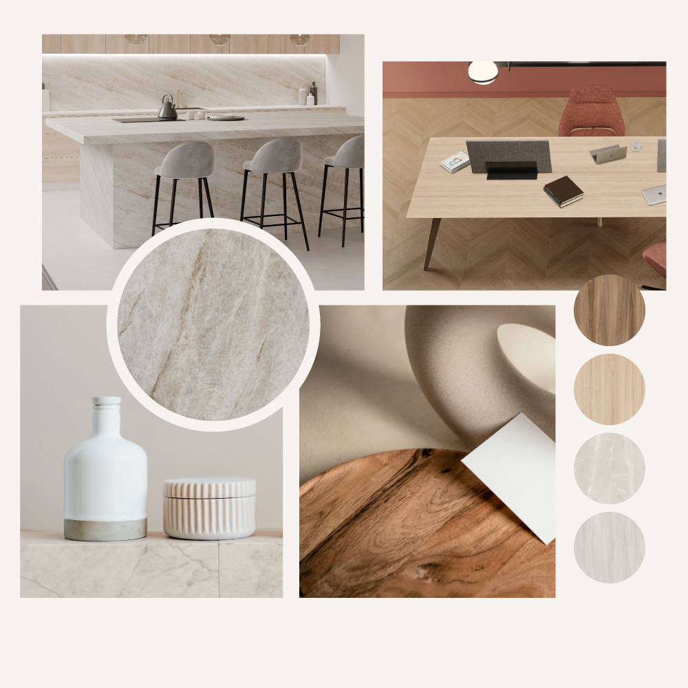 Collage with desks, chairs and decorations with wooden tops