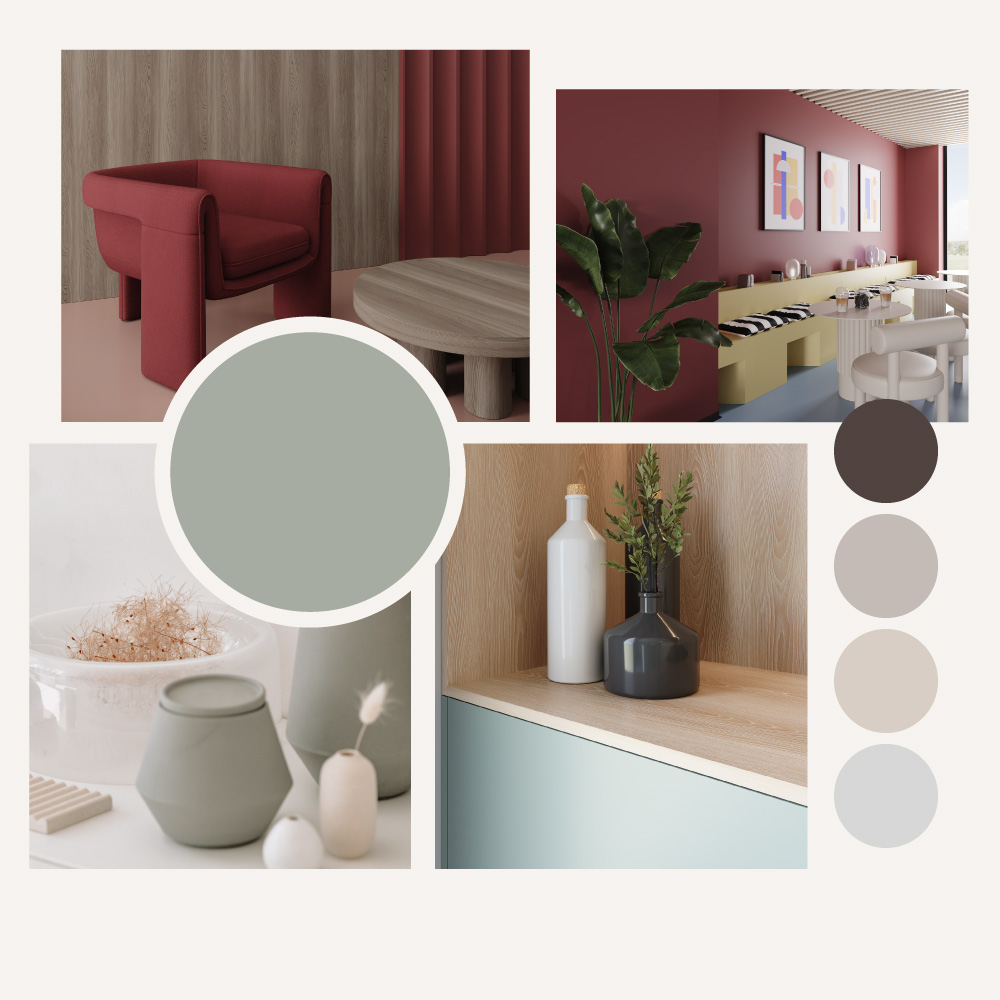 Collage consisting of seating area, bench in red colors and decoration